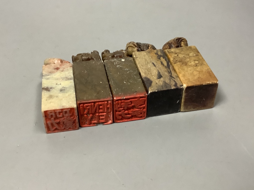 A pair of Chinese ‘chicken’s blood’ soapstone seals and eight other soapstone seals, tallest 13cm, Provenance: Henri Ely Thence to his son General Paul Ely